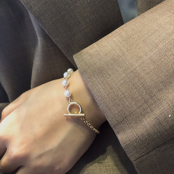 Half Baroque Pearl Half Gold Chain Bracelet,OT Clasp Bracelet, Toggle Clasp - Picture 7 of 9